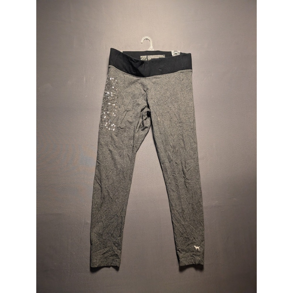 Victoria's Secret Pink Yoga Leggings Womens Large Gray Sequin Logo Athletic Gym